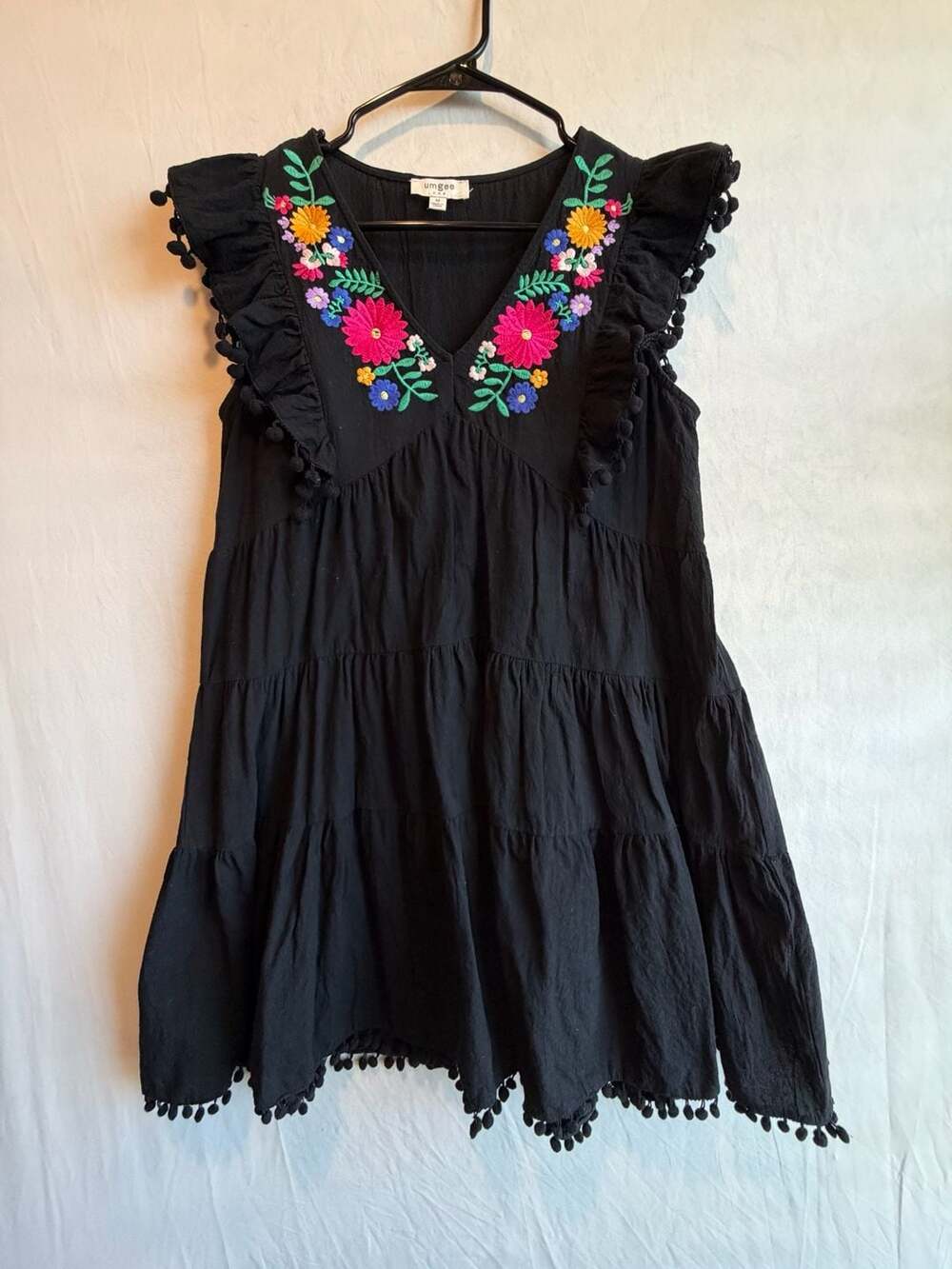 Umgee Black Floral Embroidered Ruffled Mini Dress with Pom Pom Trim Size M